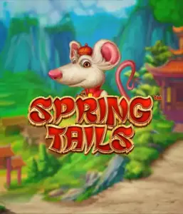 An enchanting illustration of a mouse dressed in traditional Chinese attire positioned in front of a vibrant mountain backdrop. The image represents the Spring Tails game by Betsoft, highlighted with striking gold and red logo lettering.